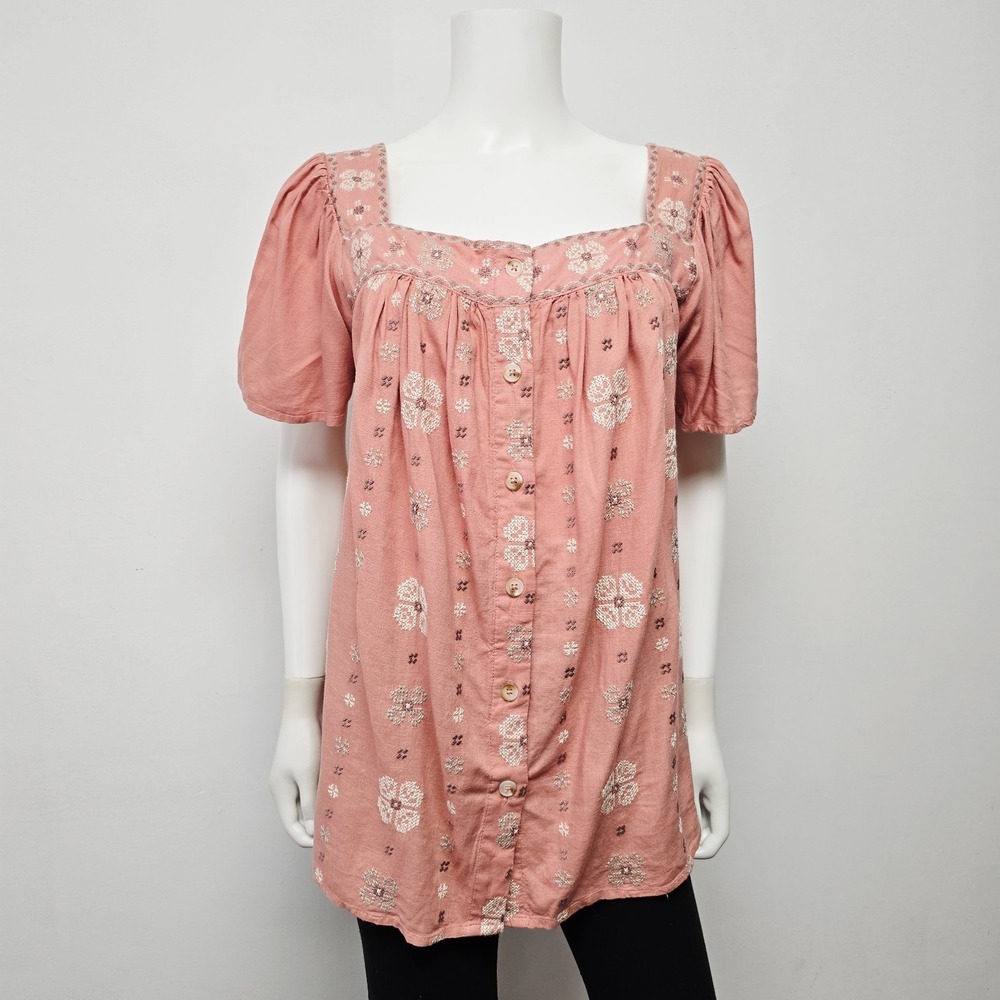 Torrid Beach Linen Eyelet Trim Shirt Embroidered Size 1 1X Square Neck Flutter